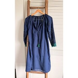 J Crew‎ Navy Blue Embroidered Eyelet Tassel V Neck Mini Dress Women's Size S